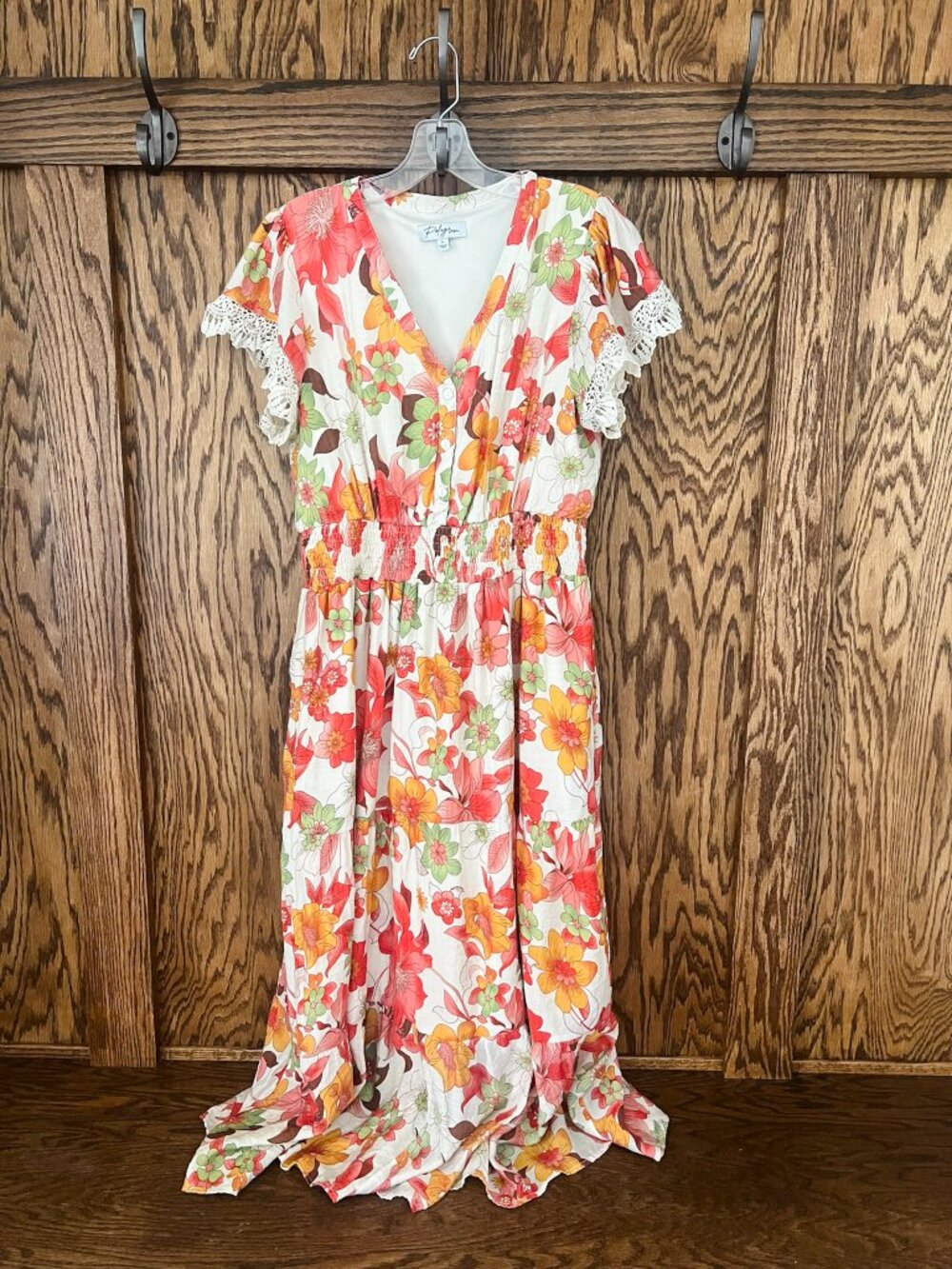 Polagram Floral Maxi Dress Womens Large Cottagecore Boho Lace Sleeve Pockets